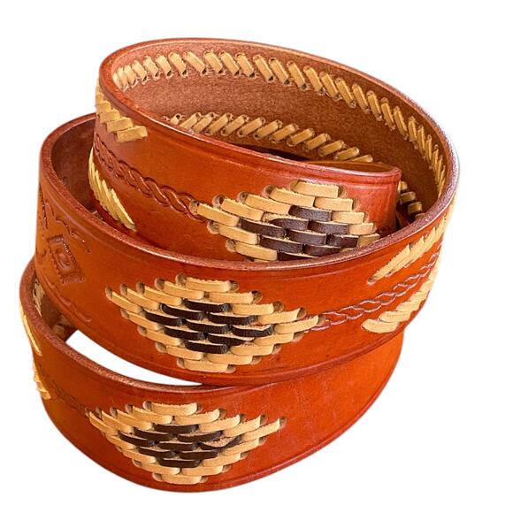 Red Brown Leather Mens 42 Western Belt Tan Dark Brown Stitching Southwest Cowboy - Picture 2 of 9